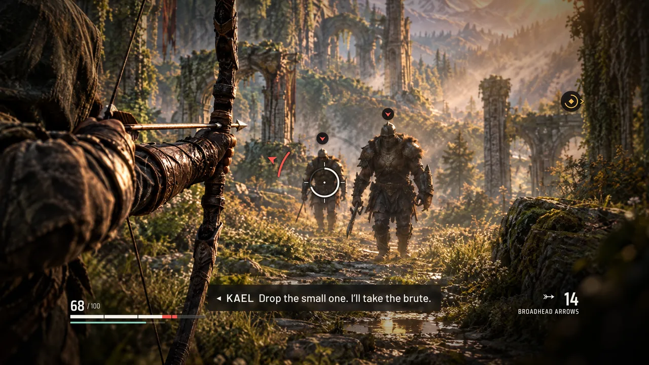 Over-the-shoulder view with the bow drawn. The draw meter around the crosshair is about 70 percent full, sitting on the lead bandit. The compass and target plate are gone. An amber marker at the right edge points to an archer off screen, and the threat ring, health, ammo and subtitle remain.