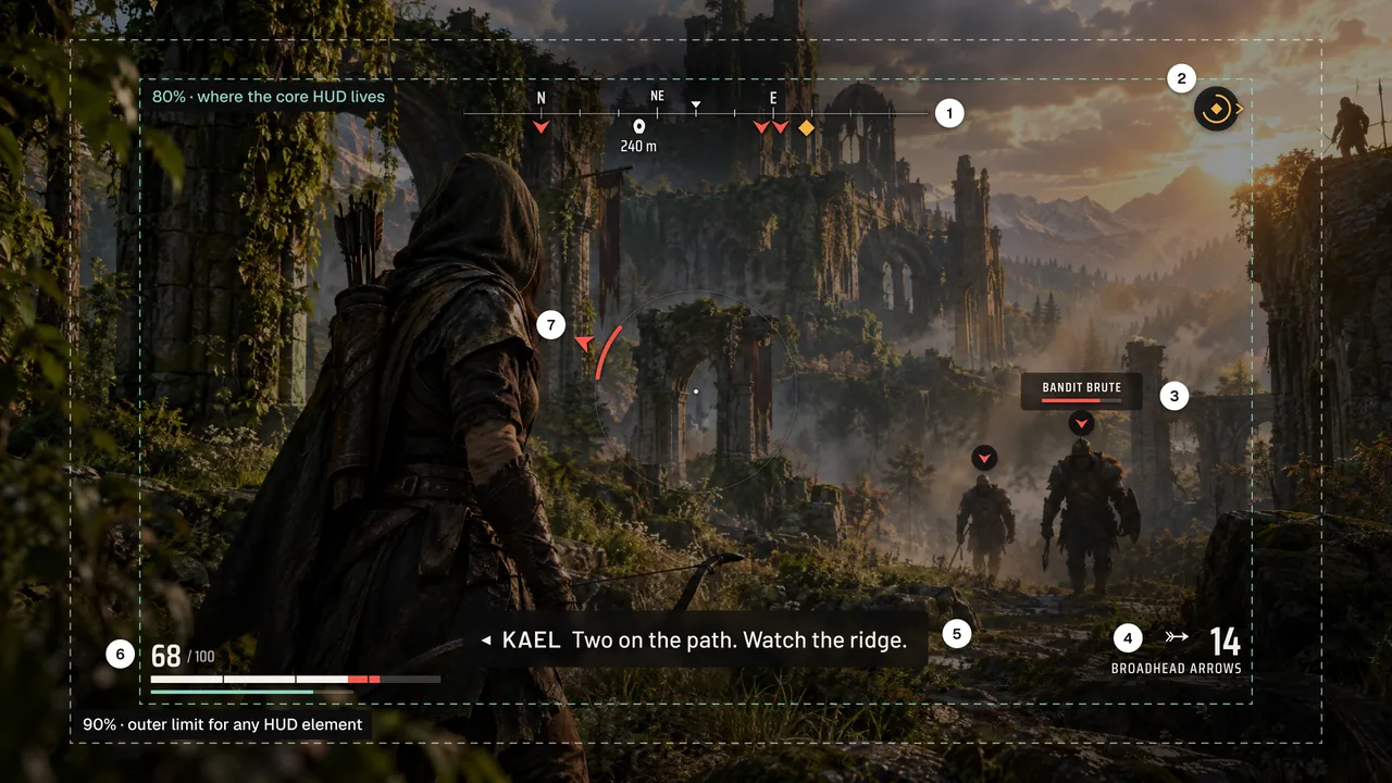 The combat screen dimmed, with a dashed box at 90 percent of the screen and a teal box at 80 percent, and numbered markers 1 to 7 on each HUD element.