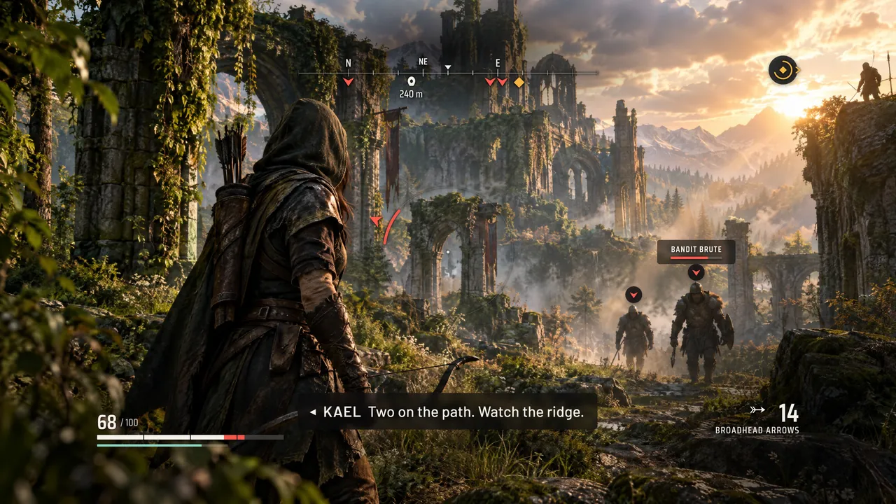 A hooded archer in overgrown ruins at sunset, with two bandits approaching. The HUD shows a compass with enemy markers, health and stamina bars at bottom left, 14 arrows at bottom right, a red segment of the threat ring left of the crosshair, a locked target plate reading Bandit Brute, an archer marker held at the edge of the safe area on the right, and a subtitle: Kael, Two on the path. Watch the ridge.