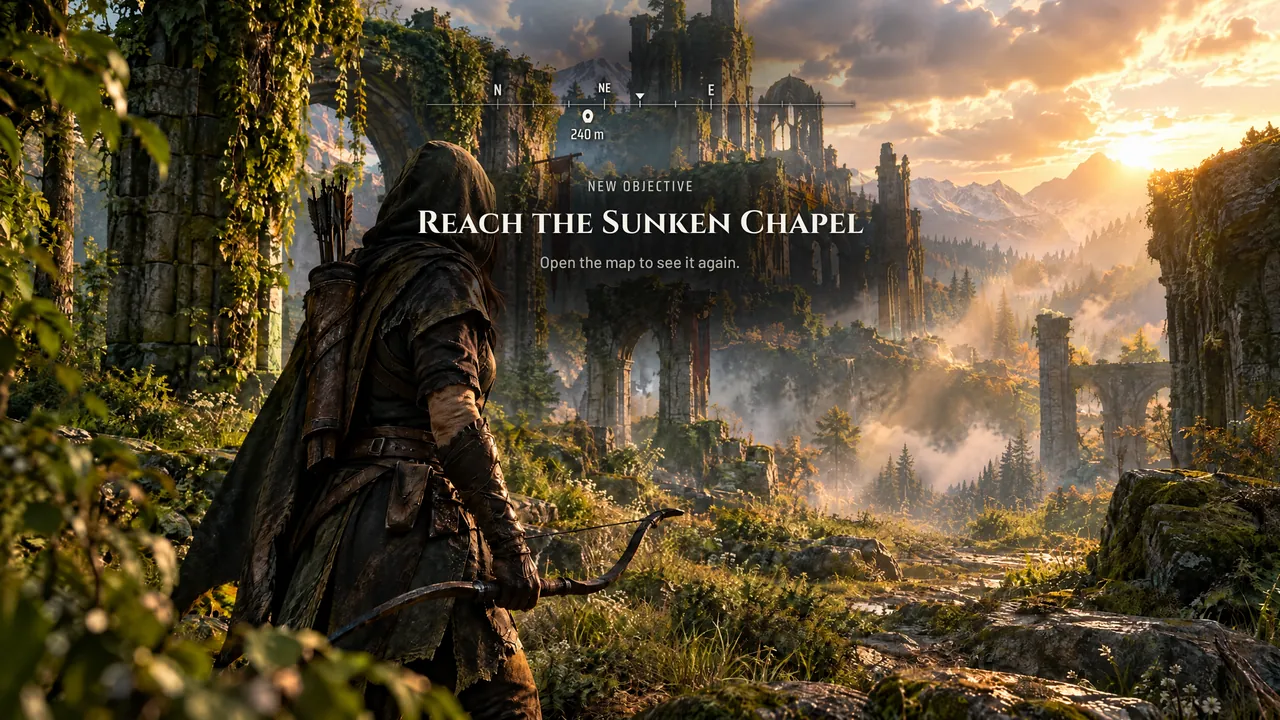 Overgrown ruins at sunset, the hooded archer, no enemies. Only the compass is on screen, with the objective pin on it, plus a new objective banner reading Reach the Sunken Chapel, with a hint: Open the map to see it again.