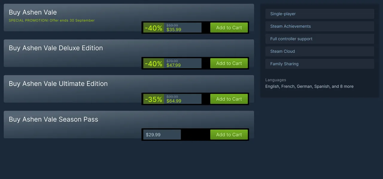 Today: four stacked buy boxes. The base game is $35.99, down 40% from $59.99. Deluxe Edition is $47.99, down 40% from $79.99. Ultimate Edition is $64.99, down 35% from $99.99. The Season Pass is $29.99. Each box has its own Add to Cart button.