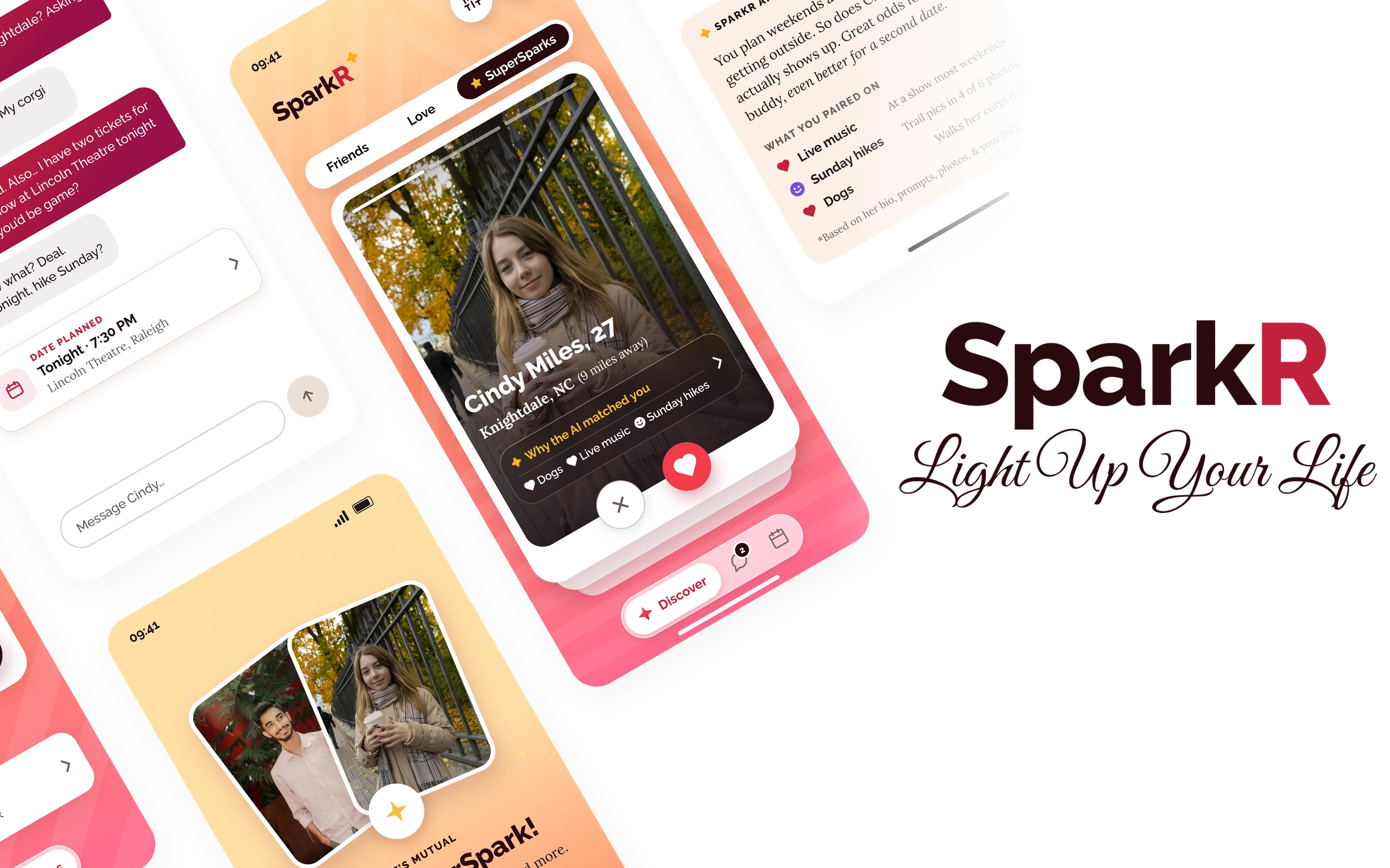 SparkR screens tilted on white beside the SparkR wordmark and the line Light Up Your Life: Discover showing Cindy Miles as a SuperSpark with the Why the AI matched you card, chat with Cindy and a planned date, the Why sheet, and the It’s a SuperSpark match screen.